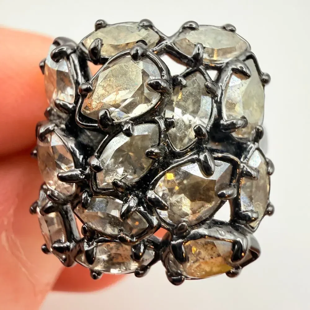 Signed Alexis Bittar Crystal Ruthenium Plated Cocktail Ring Designer Size 7